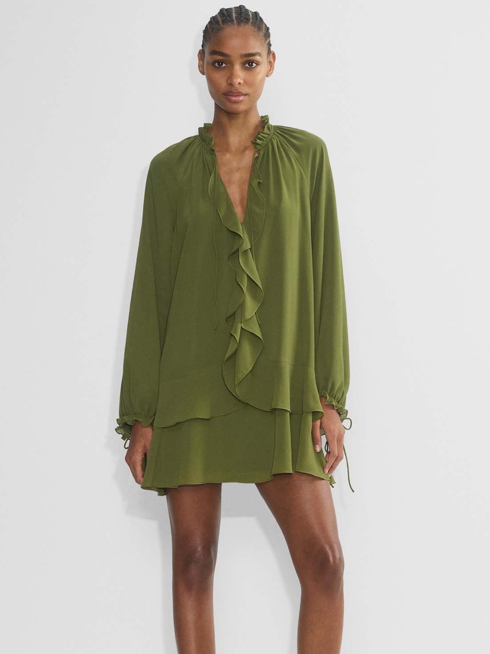 Aritzia Wilfred Amerie Dress Mini Chiffon Babydoll Ruffles Grotto Green Small